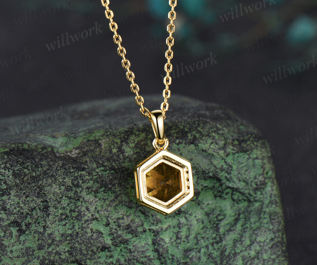 Hexagon cut yellow citrine necklace 14k yellow gold halo black spinel pendant Crystal gemstone dainty anniversary gift for women