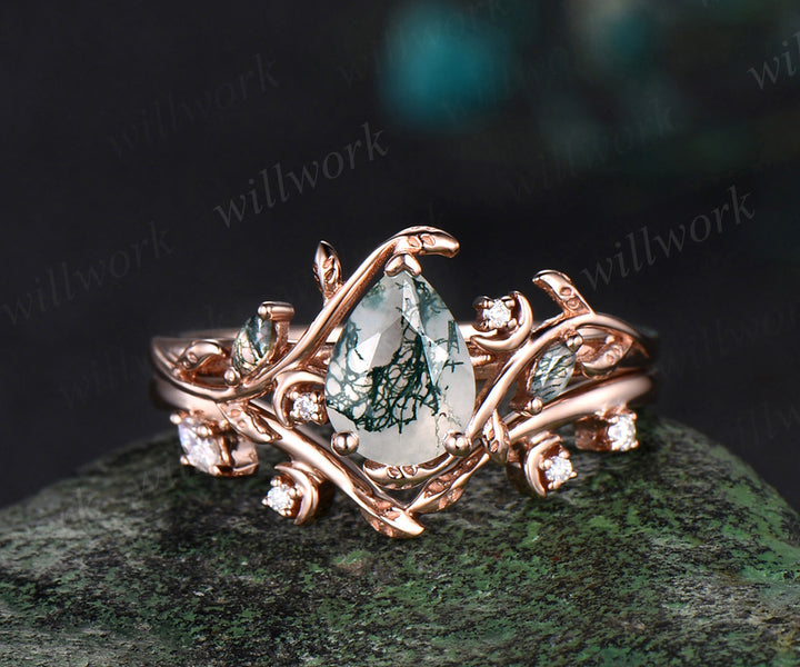 Pear cut moss agate ring vintage rose gold diamond leaf branch moon engagement ring women stacking bridal ring set jewelry