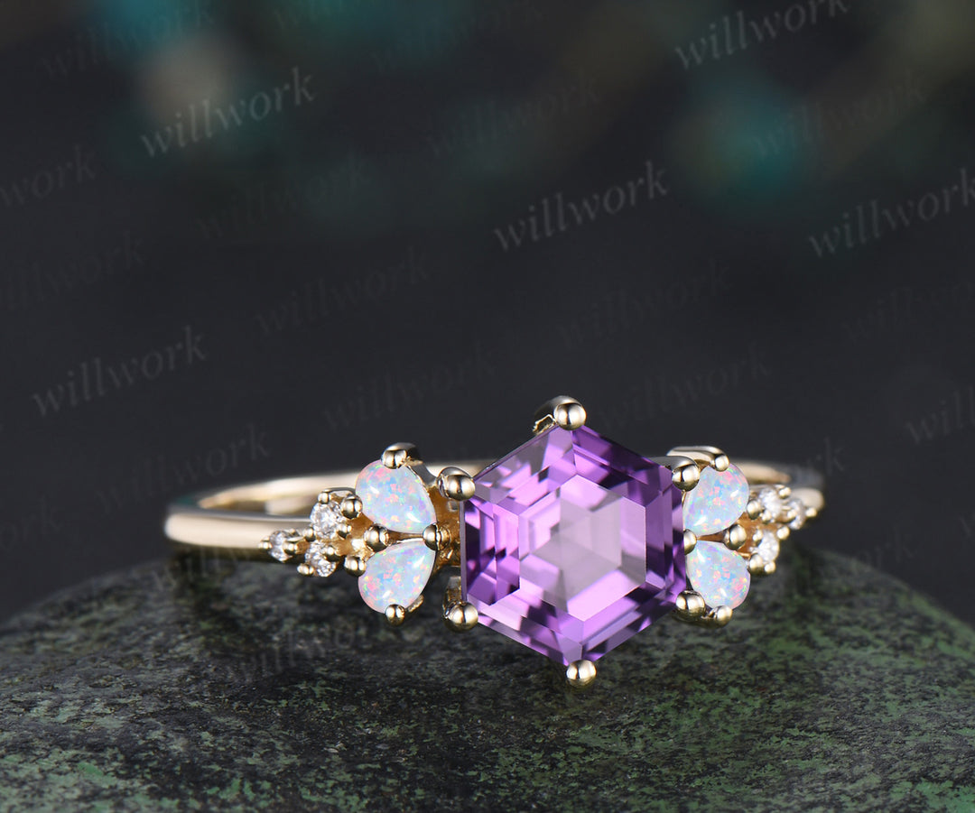 Vintage hexagon amethyst ring teardrop shape opals moissanite cluster bridal ring February birthstone jewelry gifts for women