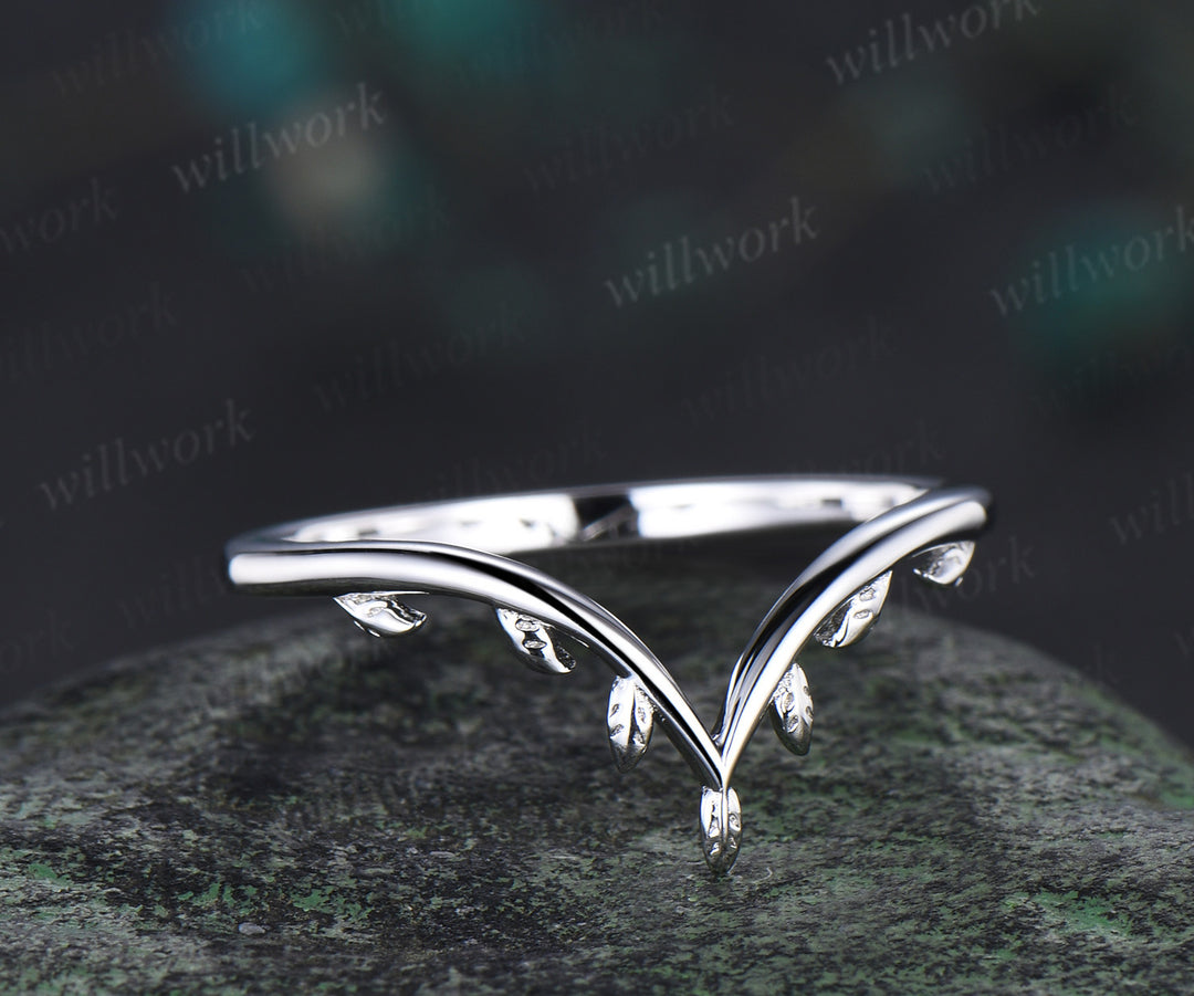 Curved leaf wedding band solid 14k white gold nature inspired matching band dainty V shape stacking ring