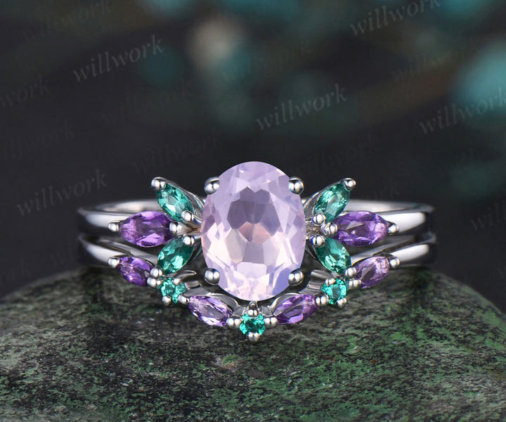 Unique Oval Cut Lavender Amethyst Engagement Ring Set 14k White Gold Butterfly rings Lab Emeralds Amethyst Cluster 2pcs Bridal Ring Set