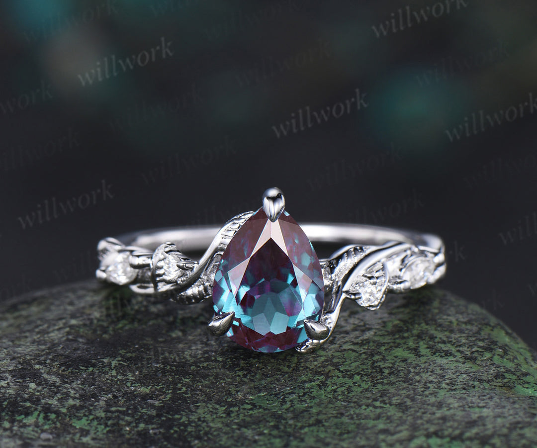 Pear cut Alexandrite ring white gold nature inspired engagement ring set leaf twisted diamond bridal set women