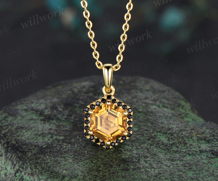 Hexagon cut yellow citrine necklace 14k yellow gold halo black spinel pendant Crystal gemstone dainty anniversary gift for women