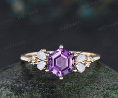 Vintage hexagon amethyst ring teardrop shape opals moissanite cluster bridal ring February birthstone jewelry gifts for women