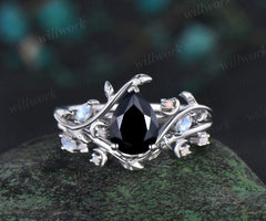 Vintage pear shaped black onyx engagement ring white gold nature inspired leaf moon moonstone opal wedding bridal ring set women