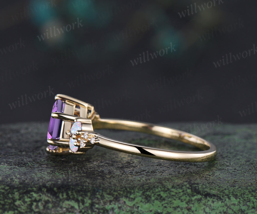 Vintage hexagon amethyst ring teardrop shape opals moissanite cluster bridal ring February birthstone jewelry gifts for women