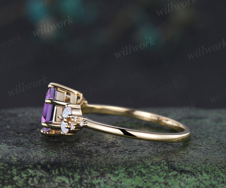 Vintage hexagon amethyst ring teardrop shape opals moissanite cluster bridal ring February birthstone jewelry gifts for women
