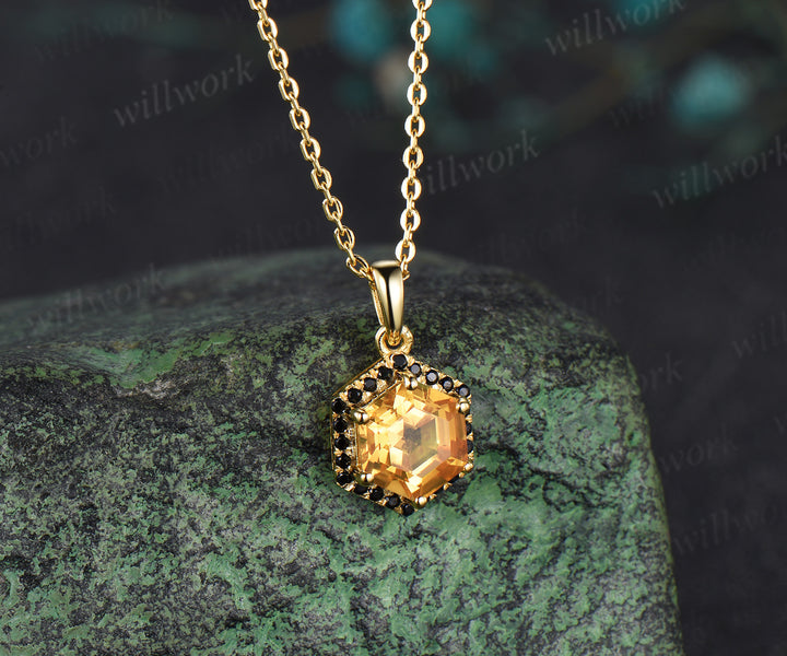 Hexagon cut yellow citrine necklace 14k yellow gold halo black spinel pendant Crystal gemstone dainty anniversary gift for women