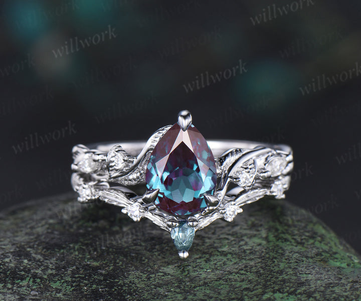 Pear cut Alexandrite ring white gold nature inspired engagement ring set leaf twisted diamond bridal set women