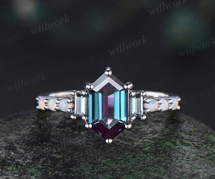 Unique Long hexagon baguette alexandrite engagement ring cluster opal wedding ring art deco proposal gifts