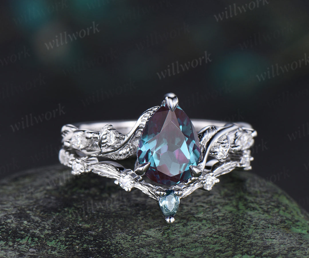 Pear cut Alexandrite ring white gold nature inspired engagement ring set leaf twisted diamond bridal set women