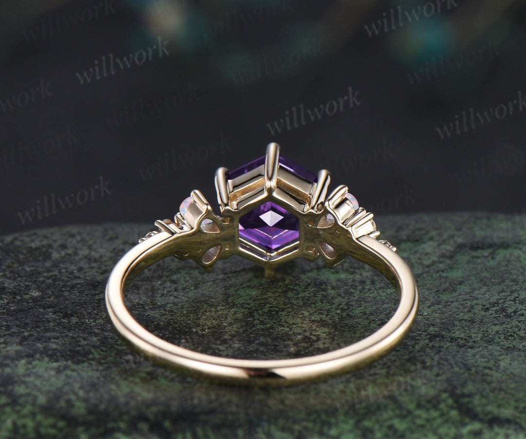 Vintage hexagon amethyst ring teardrop shape opals moissanite cluster bridal ring February birthstone jewelry gifts for women