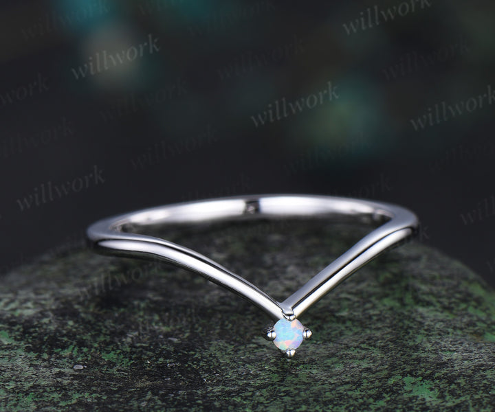 Minimalism round cut opal wedding band dainty curved solid 14k white gold stacking ring anniversary promise ring