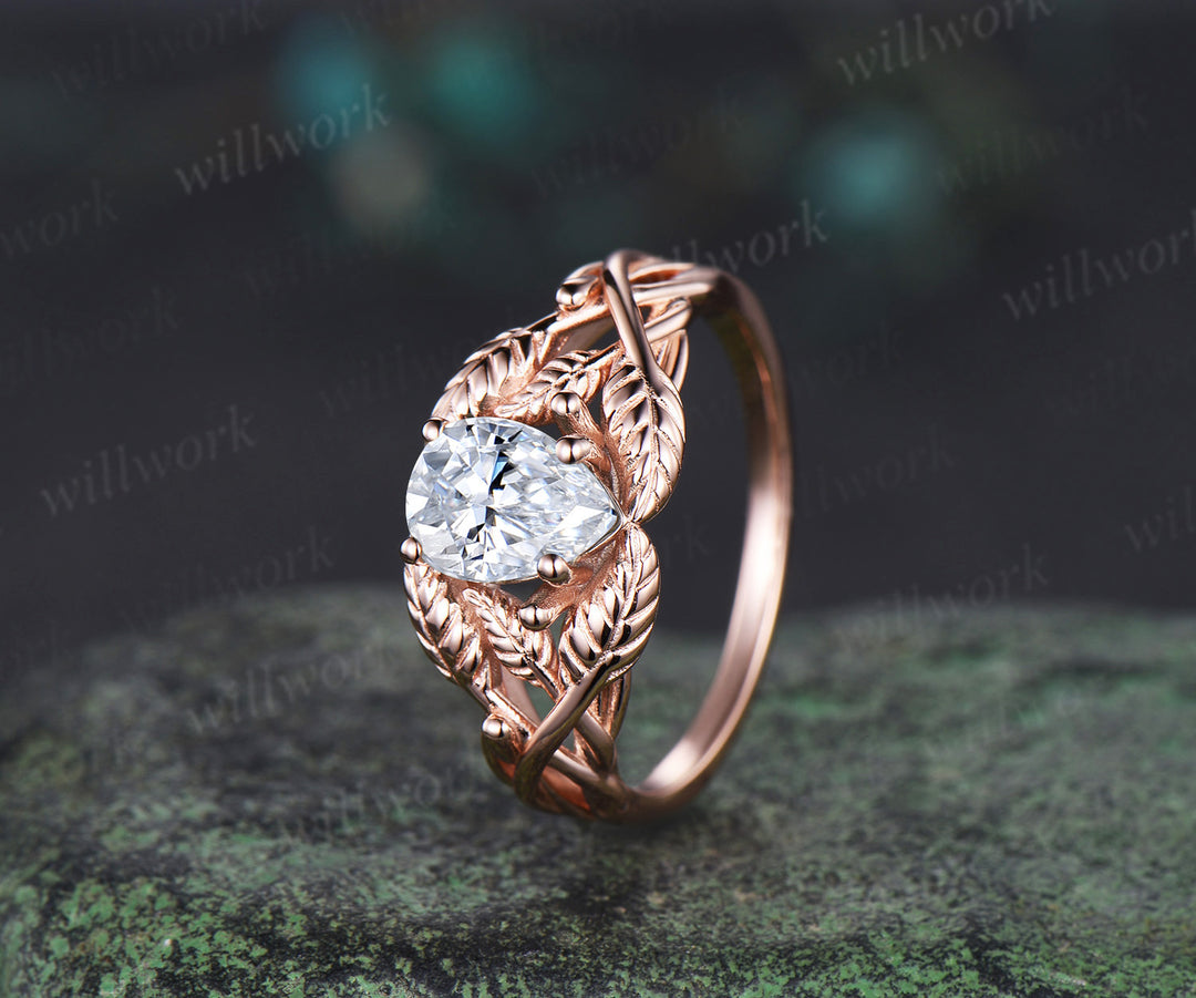 Pear cut moissanite wedding ring rose gold branch leaf Solitaire infinity engagement ring women Teardrop anniversary gift