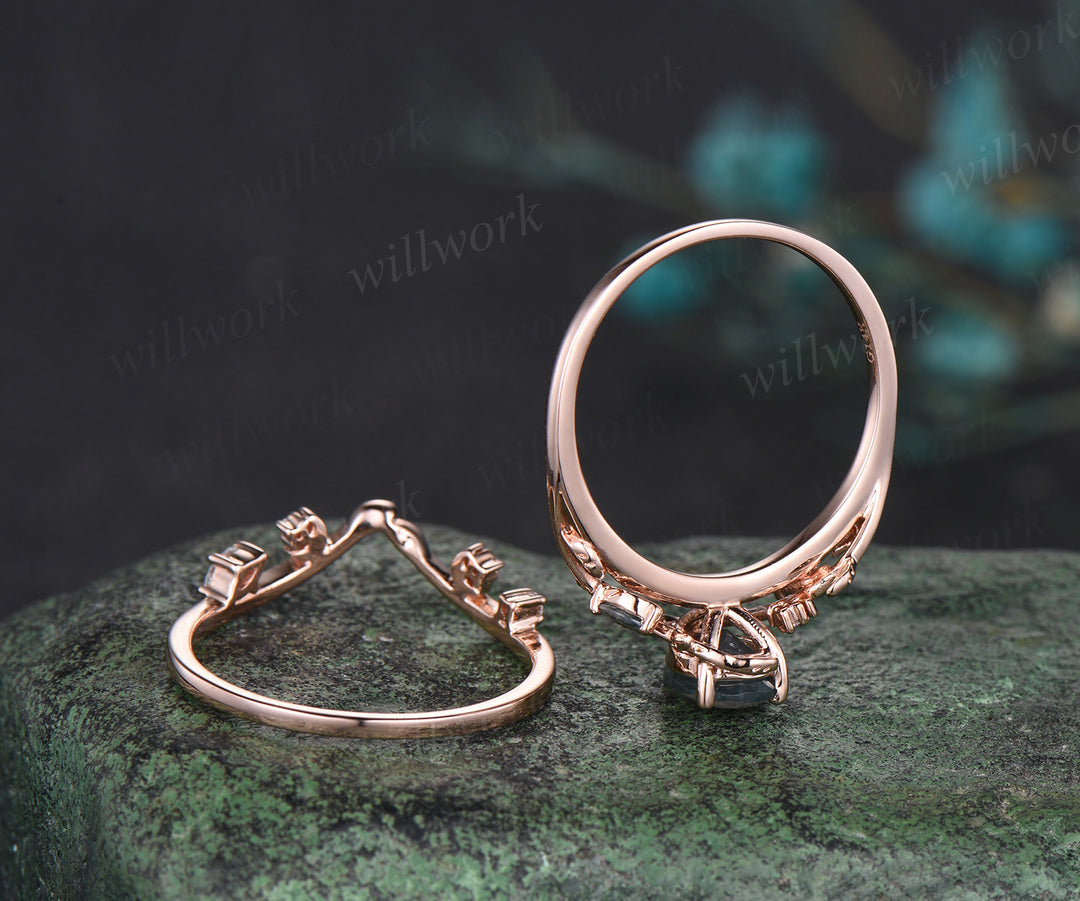 Pear cut moss agate ring vintage rose gold diamond leaf branch moon engagement ring women stacking bridal ring set jewelry