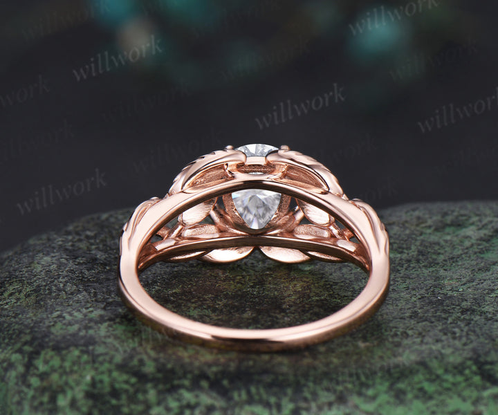 Pear cut moissanite wedding ring rose gold branch leaf Solitaire infinity engagement ring women Teardrop anniversary gift