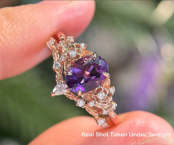 Vintage oval purple Amethyst engagement ring set 14k rose gold leaf floral nature inspired diamond ring unique promise wedding ring women