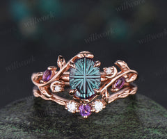 Oval Fantasy Cut Alexandrite Leaf Vine Ring Set Marquise Amethyst Art Deco Moon Engagement Ring Curved Matching Band Unique Bridal Set