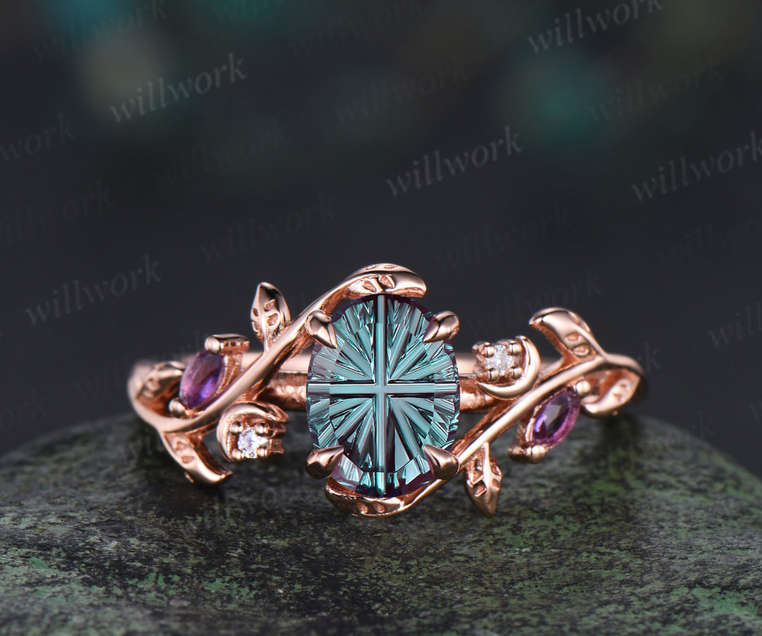 Oval Fantasy Cut Alexandrite Leaf Vine Ring Set Marquise Amethyst Art Deco Moon Engagement Ring Curved Matching Band Unique Bridal Set
