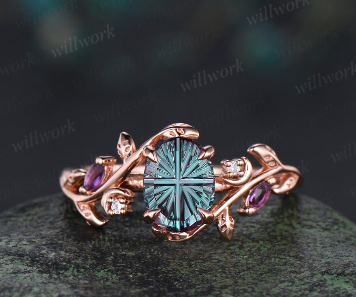 Oval Fantasy Cut Alexandrite Leaf Vine Ring Set Marquise Amethyst Art Deco Moon Engagement Ring Curved Matching Band Unique Bridal Set