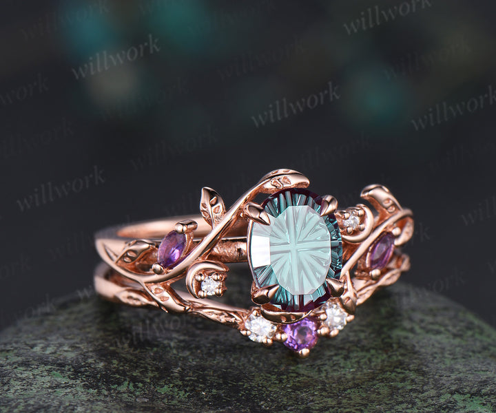 Oval Fantasy Cut Alexandrite Leaf Vine Ring Set Marquise Amethyst Art Deco Moon Engagement Ring Curved Matching Band Unique Bridal Set