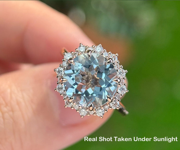 Round aquamarine ring gold vintage aquamarine engagement ring rose gold halo unique engagement ring moissanite March birthstone ring women