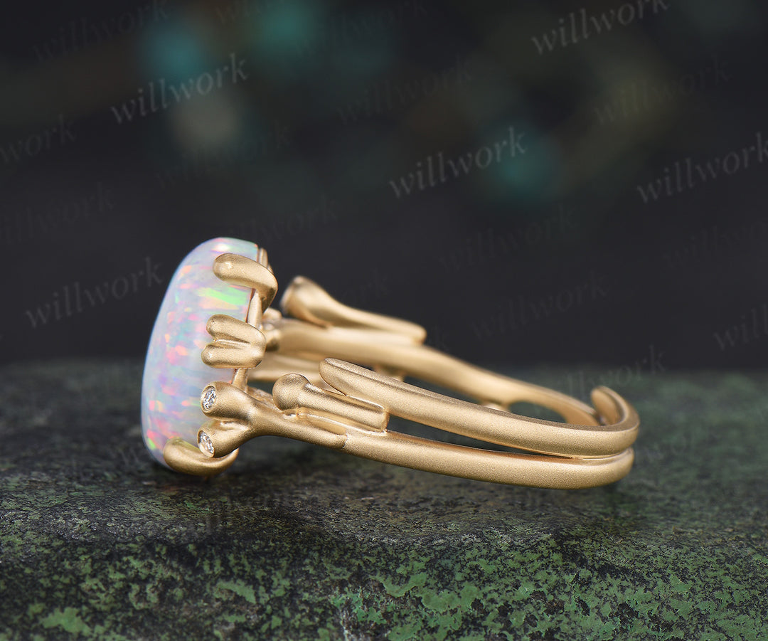 Oval opal engagement ring art deco frosted finished wedding ring with moissanite accents unique bridal ring