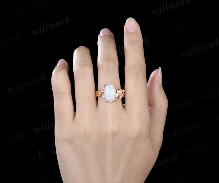 Oval opal engagement ring art deco frosted finished wedding ring with moissanite accents unique bridal ring