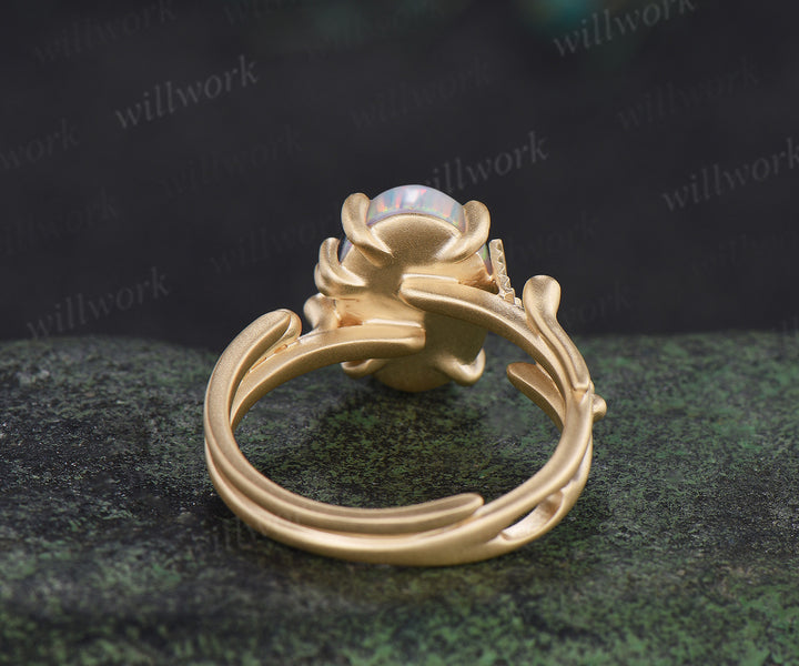 Oval opal engagement ring art deco frosted finished wedding ring with moissanite accents unique bridal ring