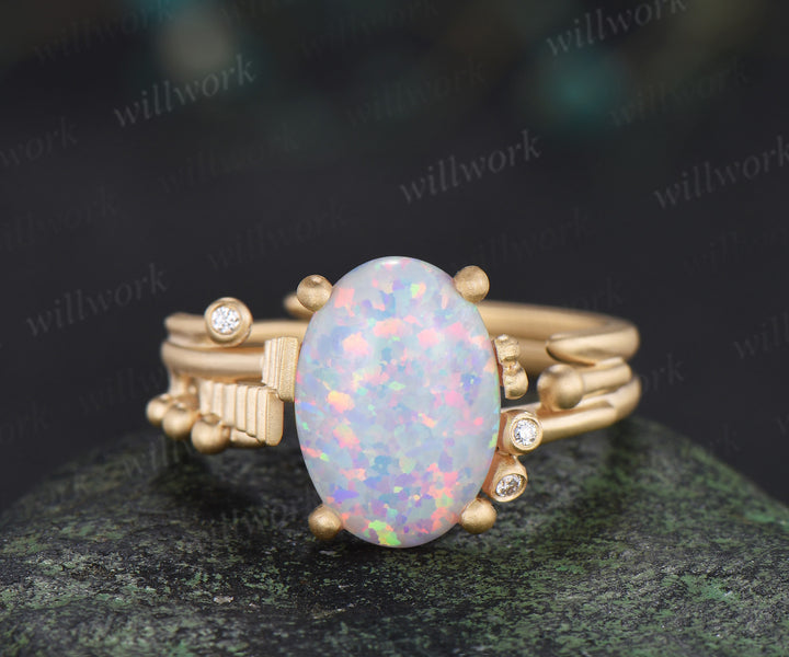 Oval opal engagement ring art deco frosted finished wedding ring with moissanite accents unique bridal ring