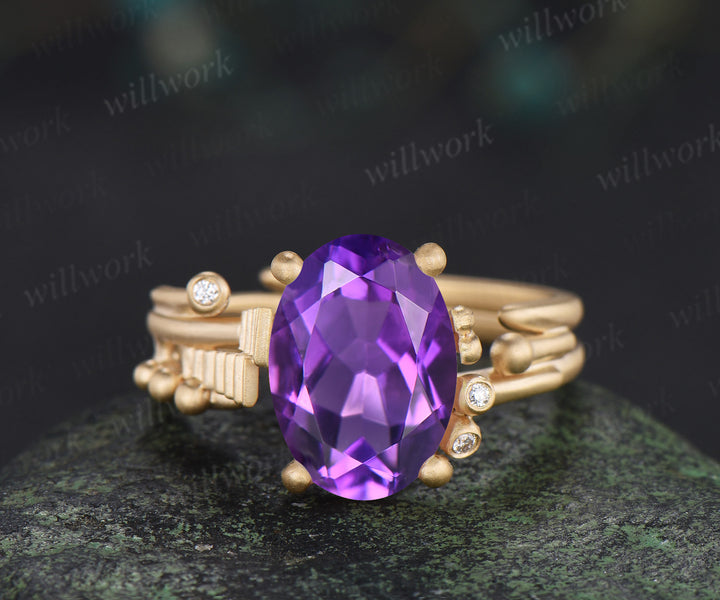 Unique oval amethyst wngagement ring art deco frosted split shank ring with moissanite accents crystal promise ring for women