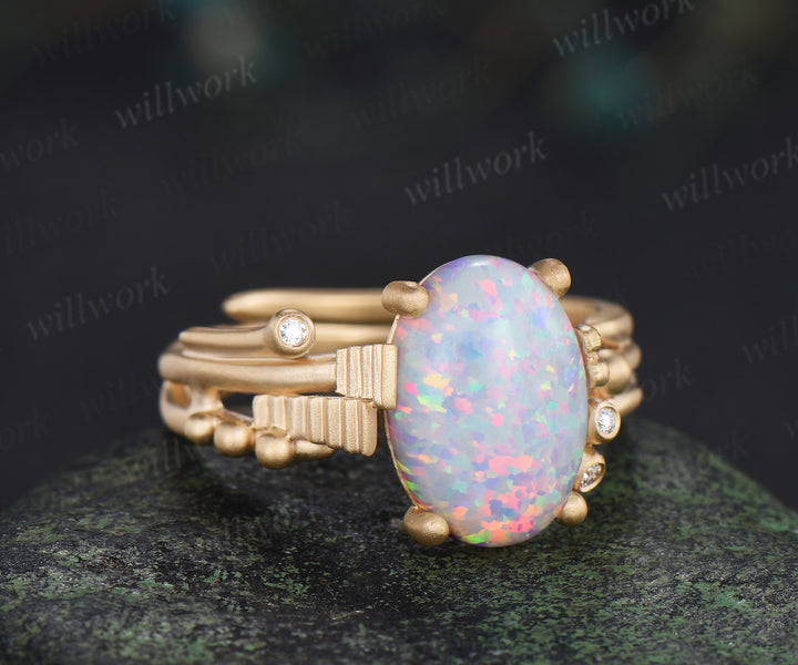 Oval opal engagement ring art deco frosted finished wedding ring with moissanite accents unique bridal ring
