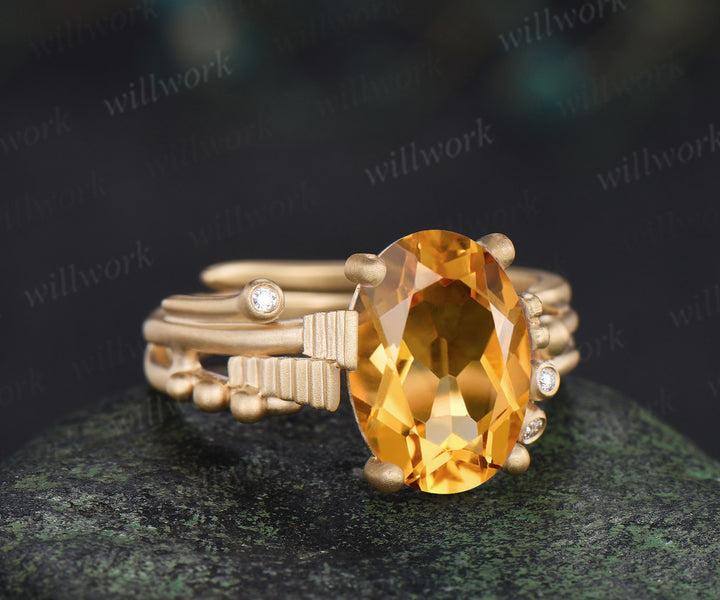 Oval citrine art deco engagement ring frosted gold geometric wedding ring with moissanite accents Nov. birthstone gifts
