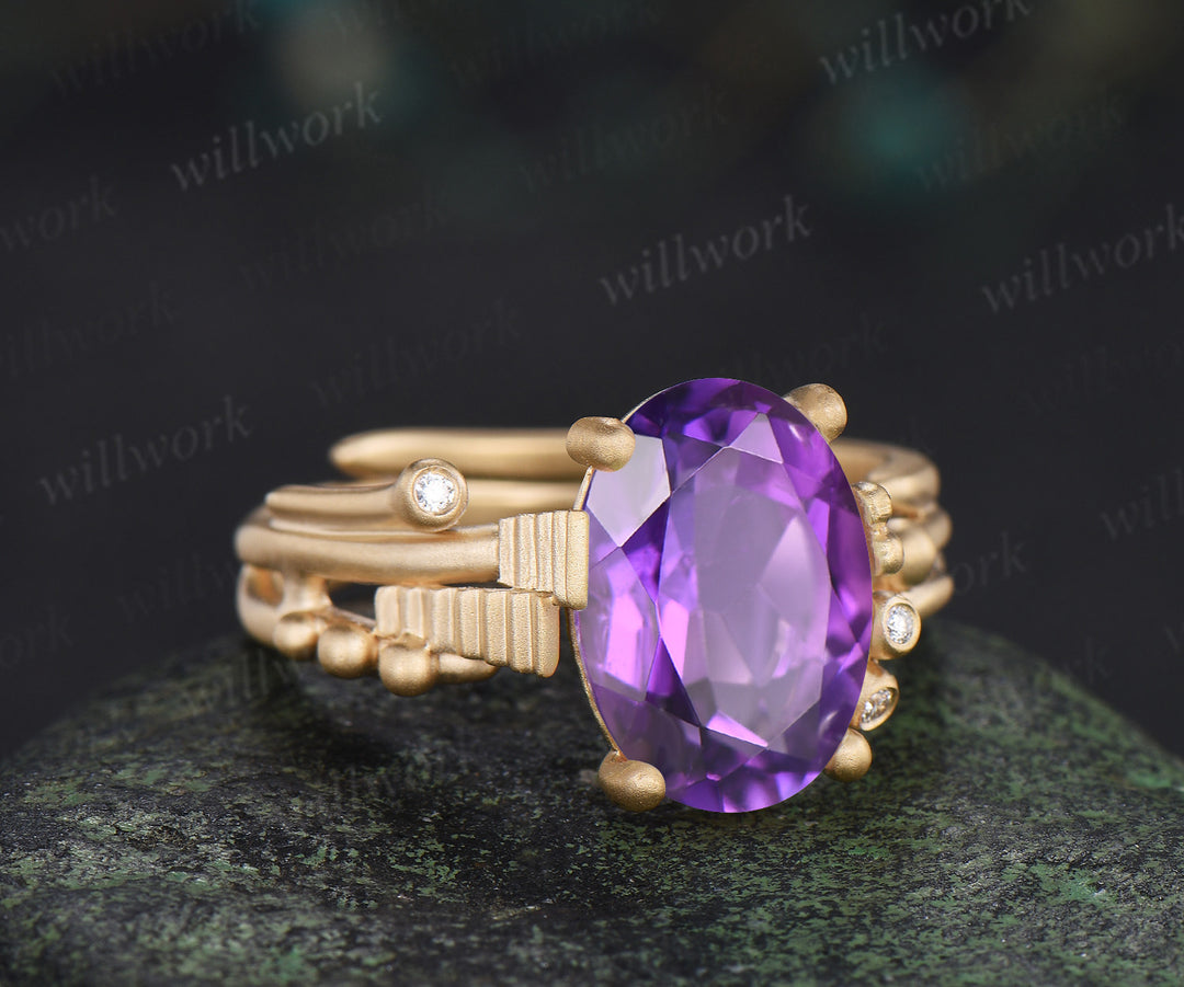 Unique oval amethyst wngagement ring art deco frosted split shank ring with moissanite accents crystal promise ring for women