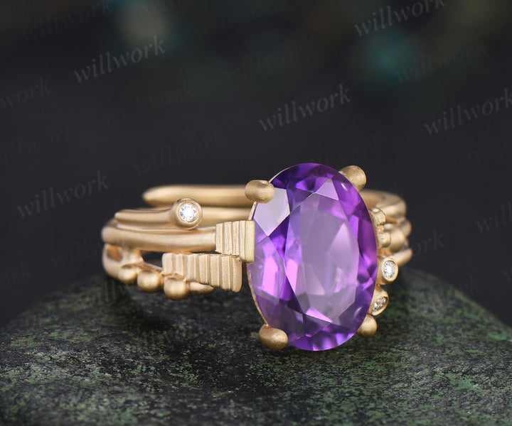 Unique oval amethyst wngagement ring art deco frosted split shank ring with moissanite accents crystal promise ring for women