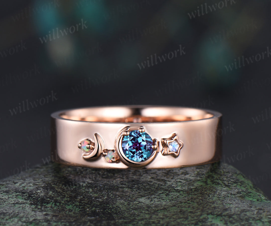 Round Cut Alexandrite Art Deco Moon Star Twisted Engagement Ring Moonstone Opal Accents & Matching Alexandrite Moon Star Men Wedding Ring Unique Couple Ring Set