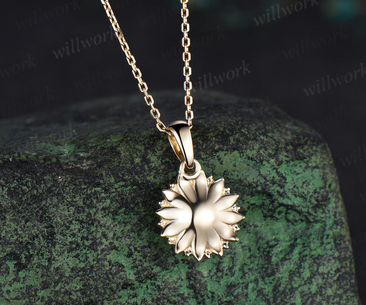 Round cut peridot Sunflower Necklace 14k yellow gold unique Solitaire Pendant women jewelry