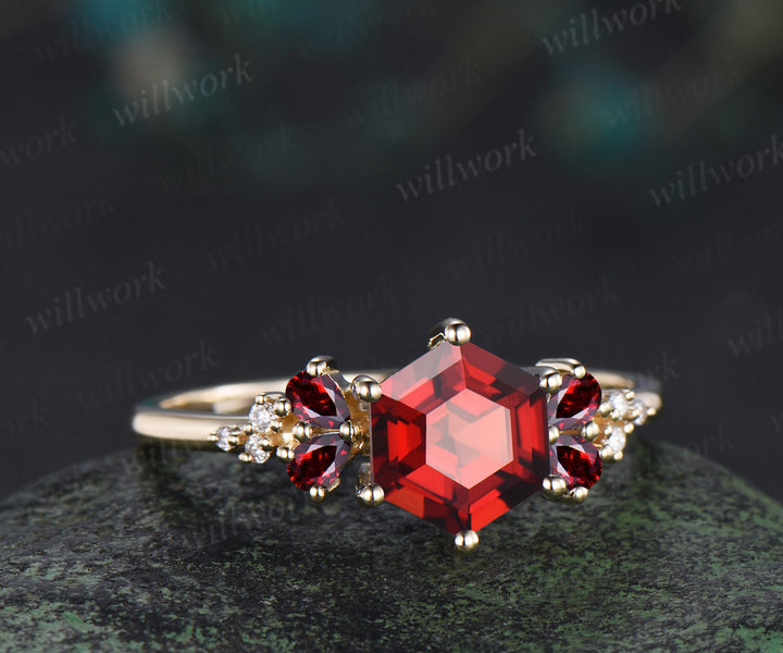 Hexagon shape garnet engagement ring pear red garnet moissanite clusters ring January birthstone jewelry gifts for her