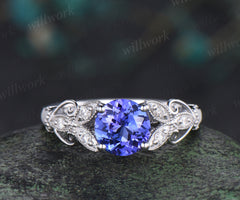 6.5mm Round Blue Tanzanite engagement ring-solid 14k white gold-diamond wedding ring-tanzanite ring wedding ring-Floral art deco ring