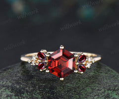 Hexagon shape garnet engagement ring pear red garnet moissanite clusters ring January birthstone jewelry gifts for her