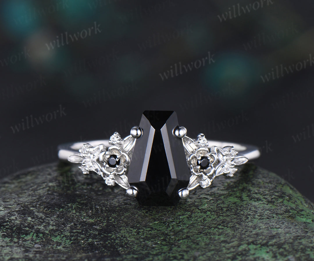 Coffin cut black onyx engagement ring set nature inspired leaf emerald ring white gold wedding band enhancer bridal set women