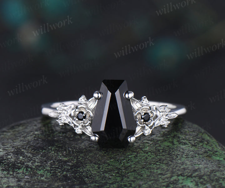 Coffin cut black onyx engagement ring set nature inspired leaf emerald ring white gold wedding band enhancer bridal set women