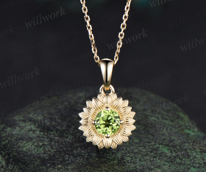 Round cut peridot Sunflower Necklace 14k yellow gold unique Solitaire Pendant women jewelry