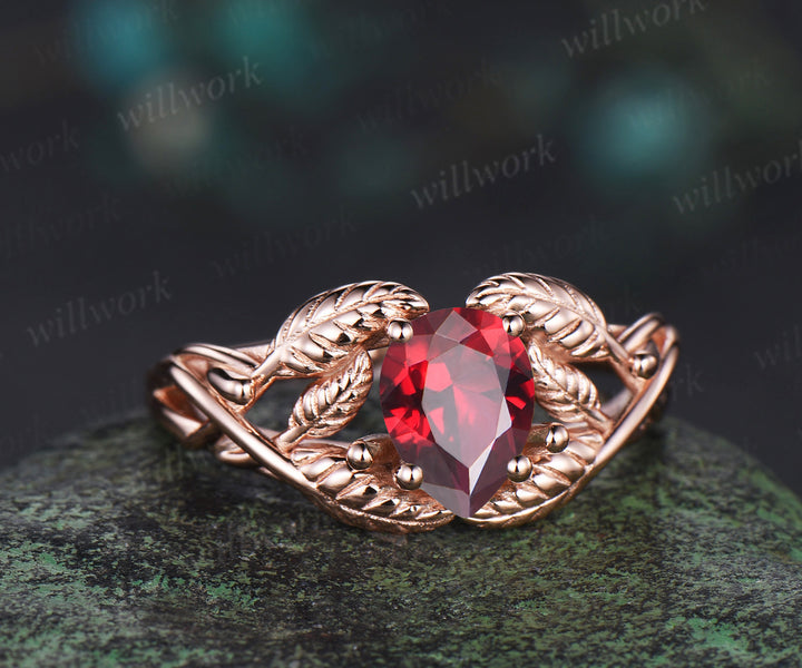 Pear shaped red ruby wedding ring rose gold branch leaf Solitaire infinity engagement ring women Teardrop anniversary gift