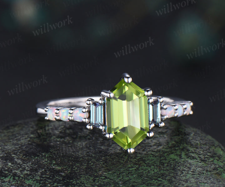 Unique Long hexagon natural peridot engagement ring cluster baguette alexandrite opal wedding ring art deco proposal gifts