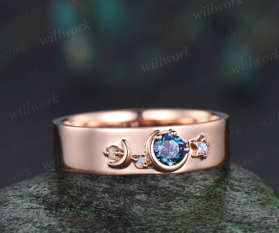 Round cut alexandrite wedding band mens solid 14k rose gold moon star opal moonstone wedding ring gift for husband