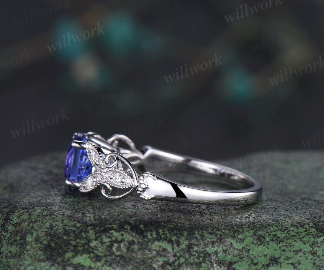 6.5mm Round Blue Tanzanite engagement ring-solid 14k white gold-diamond wedding ring-tanzanite ring wedding ring-Floral art deco ring