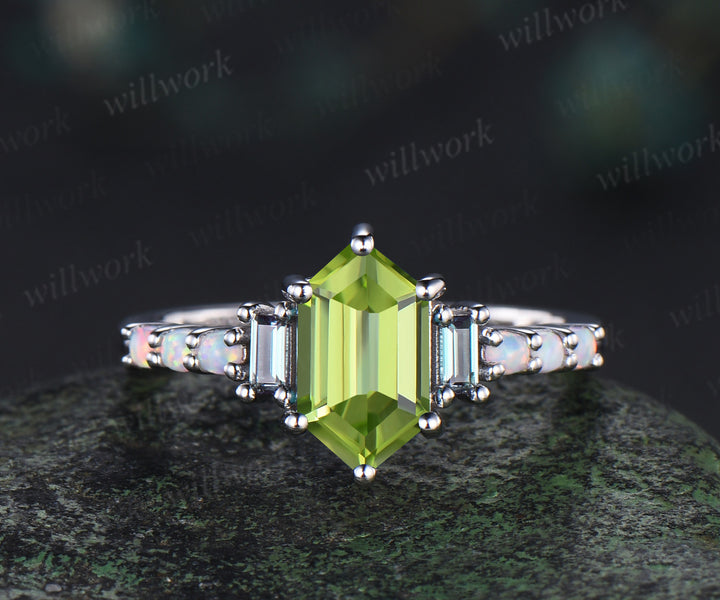 Unique Long hexagon natural peridot engagement ring cluster baguette alexandrite opal wedding ring art deco proposal gifts