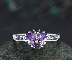 Butterfly Amethyst Engagement Ring solid 14k white gold February birthstone branch wedding ring women jewelry