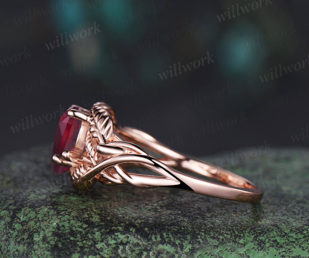 Pear shaped red ruby wedding ring rose gold branch leaf Solitaire infinity engagement ring women Teardrop anniversary gift